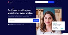 a woman is smiling and looking at the camera with an email message above her that reads, easily personalize your website for every visitor