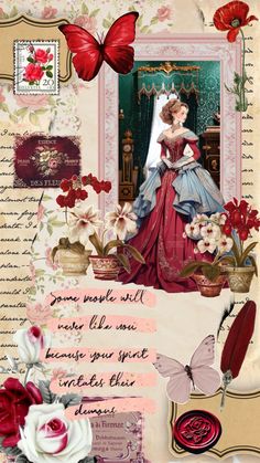 a collage with an image of a woman in a dress and butterflies on it