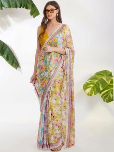 Multicolor Summer Print Saree With Unstithced Blouse (Set of 2) By Devyani Malhotra now available at Trendroots Pearl Border, Blouse Stitching, Pearl Work, Indian Drama, Collection Ideas, Saree For Women, Print Saree, Georgette Blouse, Printed Saree