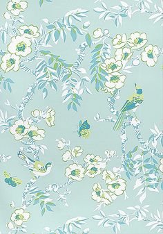 a blue and green floral wallpaper with birds on it