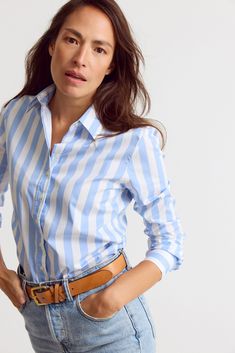 The perfect-fitting boyfriend shirt. Slightly oversized and totally on trend. Wear it with the sleeves scrunched up, unbuttoned low and tucked in. We love this 90's-inspired look, updated for this century with The Shirt's No Gape® button technology. PF - Boyfriend w/ Pocket PF - Boyfriend w/ Pocket - Blue Thick Stripe (Angel 0350 010063) Icon Shirt, The Boyfriend, Wide Stripes, Boyfriend Shirt, 90s Inspired, The Shirt, Shirtdress, Boyfriend Fit, Bye Bye