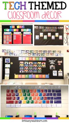 classroom decor with the words tech themed on it and an assortment of color samples for each class