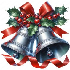 two bells with holly leaves and red ribbon