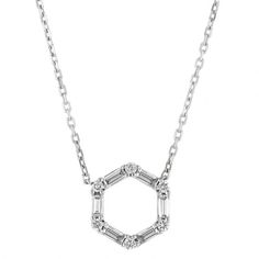 Frederic Sage Round & Baguette Diamond Hexagon Pendant in White Gold, 18" | Borsheims White Gold Octagon Necklace For Anniversary, Elegant White Gold Octagonal Necklaces, White Gold Octagon Necklace For Formal Events, Formal White Gold Diamond Necklace, White Gold Hexagon Jewelry For Formal Occasions, Fine Jewelry Octagon Necklace For Formal Occasions, Formal White Gold Octagon Diamond Necklace, Formal White Gold Octagon Necklaces, White Gold Octagon Necklace With Diamond Accents