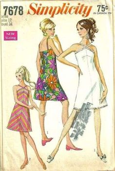 Simplicity 7678, Misses' Dress: The A-line dress with dart fitting in center front seam has halter-type straps and back zipper. V. 1 has optional rhinestone trim. V. 2 is cut on bias. Size 12 Bust: 34 Waist: 25 1/2 Hip: 36 Copyright: 1968 This pattern is cut and complete. The envelope is tattered. Click on other envelope images for additional pattern details. ★ ★ ★ ★ ★ ★ ★ ★ ★ ★ ★ ★ ★ ★ ★ ★ ★  Click below to view more patterns in my shop: http://www.etsy.com/shop/mbchills Cocktail Dress Patterns, Mod Dress 60s, A Line Cocktail Dress, Robes Vintage, Miss Dress, Cocktail Evening Dresses, Simplicity Sewing Patterns, Sewing Pattern Sizes, Mod Dress