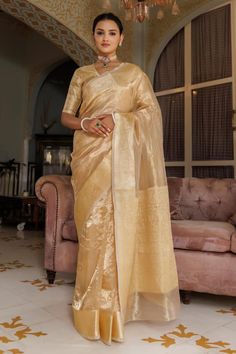 Light gold saree with lotus, floral woven motifs. Comes with unstitched blouse piece. - Aza Fashions Gold Saree, Border Saree, Buy Gold, Blouse Piece, Aza Fashion, Jaipur, Lotus, Custom Made, Saree