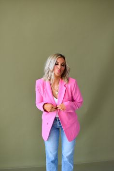 Unleash your playful side with the Ryleigh Bubblegum Blazer. Made with stretchy crepe material, this relaxed fit blazer adds a pop of color to any outfit. Dress it up with trousers or down with denim - every girl needs this pink blazer in their closet! measurements: BUST: small 17.5" medium 18" large 18.5" 95% polyester, 5% spandex pockets bubblegum pink relaxed fit model wearing size small model stats: size 4, 5'5 Blazer With Sneakers, Skort Outfit, Closet Measurements, Outfits Colorful, Nickel And Suede, Crepe Material, Girl Needs, Outfit Dress, Pink Blazer