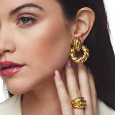 Product Description: Polished gold domed ribbed structure adjustable ring makes the most beautiful statement.   ﻿Style Number: ﻿5304RPG Doorknockers Earrings, Ribbed Ring, Twist Earrings, Silver Link Bracelet, Prep Style, Earrings Clip, Summer Lookbook, Retro Jewelry, Pearl Pendant Necklace