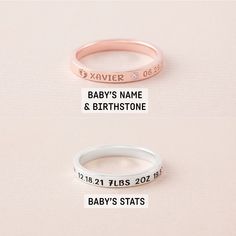 "Customed by baby stats and birthstone, this ring is a meaningful present for new mom on Mother's Day. P R O D U C T ∙ I N F O * Material: Solid 925 Sterling Silver * Finishing: Silver - Gold - Rose Gold * Ring's band is 1/8'' (2.8 mm) * By default, silver items comes with BLACK engraving and gold-plated item comes with CLEAR engraving. H O W * T O * O R D E R 1. Select your preferred COLOR and RING SIZE from the menu. 2. Let us know the baby stats the birthstones on the ring in the \"Note to GR Pink Adjustable Birthstone Ring For Anniversary, Personalized Pink Ring For Birthday, Personalized Engraved Rose Gold Ring, Personalized Pink Birthday Ring, Personalized Rose Gold Birthstone Ring As Gift, Rose Gold Birthstone Stackable Rings For Gift, Personalized Name Rings For Birthdays, Personalized Name Rings For Birthday, Personalized Rings For Anniversary And Mother's Day