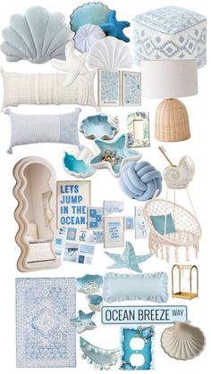 a collage of blue and white items with the words ocean breeze written on them