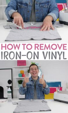 a man sitting at a desk with the words how to remove iron - on vinyl