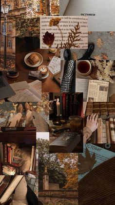 a collage of photos with books, candles and other things