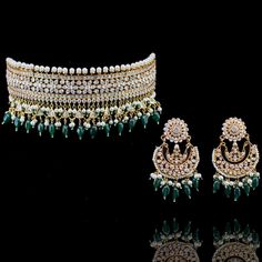 Huma Set - á La Couture Dazzling Jewelry Sets For Festive Party, Dazzling Jewelry Sets For Festive Reception, Festive Emerald Jewelry Sets, Festive Jeweled Emerald Jewelry, Elegant Kundan Sets For Party, Elegant Kundan Party Sets, Bollywood Style Festive Emerald Jewelry, Bollywood Emerald Jewelry For Festive Occasions, Formal Festive Emerald Jewelry Sets