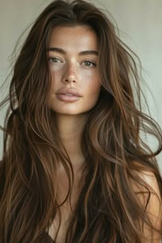 Portrait of a young woman with long brown hair and freckles, gazing softly towards the camera. Dark Brown Summer Hair, Beach Brown Hair, Brown Summer Hair, Brunette Hair Brown Eyes, Summer Brown Hair