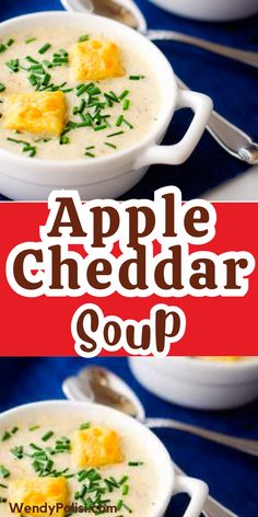 two bowls of apple cheddar soup on a blue tablecloth with spoons