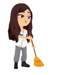 a cartoon girl holding a broom and making a face