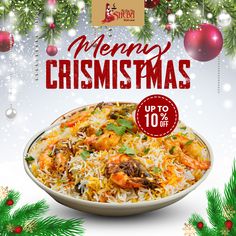 a flyer for a christmas dinner with shrimp and rice in a bowl on the table