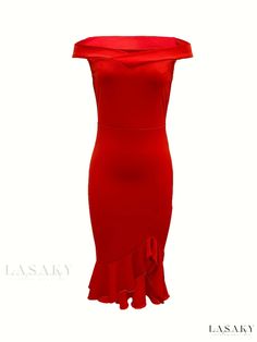 Lasaky - Asymmetrical Off-Shoulder Bodycon Dress with Ruffle Hem - Elegant Womens Party Dress Stretch Off Shoulder Party Dress, Elegant Red Off Shoulder Dress For Summer, Knee-length Strapless Ruffle Party Dress, Stretch Knee-length One Shoulder Party Dress, Strapless Ruffled Stretch Dress For Party, Elegant Asymmetrical Off Shoulder Dress For Summer, Asymmetrical Strapless Dress For Spring Party, Elegant Asymmetrical Off Shoulder Summer Dress, Summer Party Strapless Dress With Asymmetrical Neckline