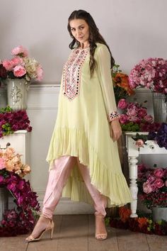 Shop for Seams Pret And Couture Green Georgette Jess Embroidered Tunic And Tulip Pant Set for Women Online at Aza Fashions Tulip Pants, Coord Sets, Satin Color, Embroidered Tunic, Design Dress, Mirror Work, Designer Gowns, Pant Set, Festival Wear