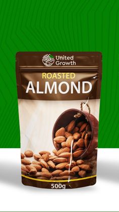 roasted almonds in a bag on a green background with the text, roasted almond