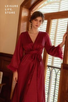 Satin Feather Trim Robe Silky Satin Bridal Nightgown Bridesmaids Feather Trim Robe Wedding Feather Trim Nightgown Satin Finish V-neck Sleepwear For Party, Long Sleeve Satin Dress For Loungewear, Wedding Night V-neck Dress With Satin Finish, Party Sleepwear With Satin Finish And V-neck, Satin Finish V-neck Party Sleepwear, Long Sleeve Satin Night Dress, V-neck Satin Finish Dress For Night, Satin Long Sleeve Sleep Dress, Long Sleeve Satin Sleep Dress