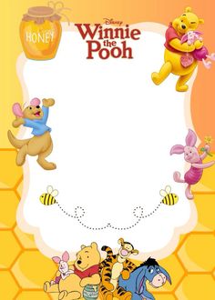 winnie the pooh birthday card with honey pot and other cartoon characters on yellow background