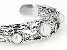 8-10mm white cultured freshwater pearl sterling silver adjustable cuff bracelet. Measures approximately 9/16" W and has no clasp closure. Colors, shapes, and sizes may vary. School Jewelry, Popular Jewelry, Sterling Silver Cuff Bracelet, Sterling Silver Cuff, Silver Cuff Bracelet, Silver Cuff, Turquoise Jewelry, Jewelry Making Beads, Online Jewelry