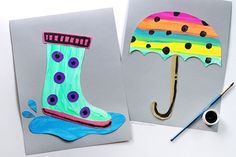 two cards with umbrellas and rain boots on them