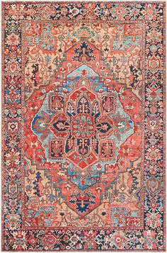 an orange, blue and red rug with ornate designs on the bottom half of it