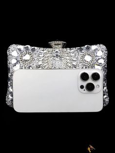 BirdinBag - Rhinestone-Embellished Chain Strap Silver Evening Clutch Bag Details Pictures, Inch Bag, Evening Clutch Bag, Evening Clutch, Printed Bags, Square Bag, Chain Strap, Evening Bags, All Over Print