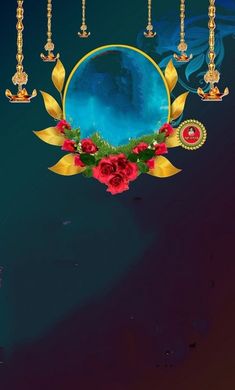 a blue background with red flowers and gold chandelier hanging from it's sides