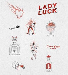 an image of lady luck stickers on the back of a paper bag with red ink