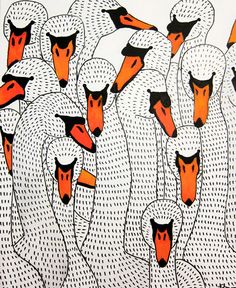 an orange and black drawing of many white birds with orange beaks on their heads