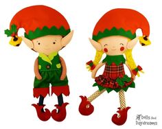 two stuffed elves dressed in green and red outfits, one with blonde hair and the other with yellow hair