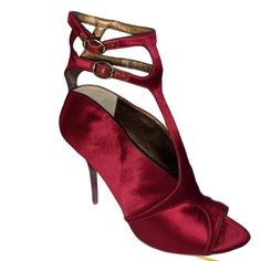 Nwot Leon Max Dual-Strap Pika Peep-Toe Pump Bordeaux Sz 8.5 Take Your Look To The Next Level As You Stride Into The Party In These Graceful Pumps Boasting A Slender Heel And Dual Buckled Straps At The Ankle. The Open Peep Toe Shows Off Your Pedicure With Each Step. Leather Upper With Satin Outer Double Ankle Strap Peep Toe Design Stiletto Heel Approx. 4" Nwot Please See Pictures Sexy Red Heels Dress Hot Stiletto Vamp Fashion Designer Sandals Red T-strap Heels For Party, Red T-strap Heels For Formal Occasions, Burgundy Sandals With Round Toe For Evening, Red Heels With Buckle Closure For Evening, Chic Red Strap Heels, Red High Heel Strap Shoes, Red High Heel Shoes With Strap, Red High Heels With Strap, Red Strap Heels For Evening