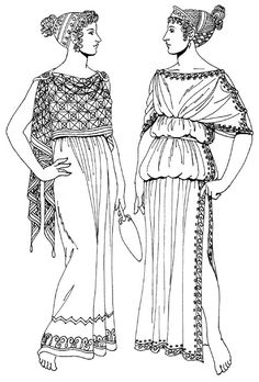 two women in ancient greek dress, one wearing a headdress and the other holding hands