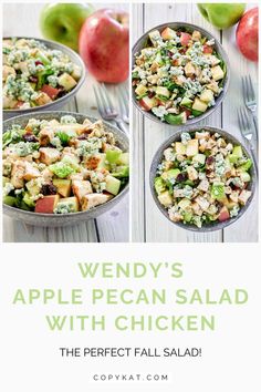 an apple pecan salad with chicken and broccoli is shown in three different bowls