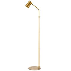 a gold floor lamp with a round base and an adjustable arm, on a white background