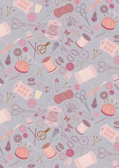 an image of sewing related items on a gray background with pink and purple colors in the center