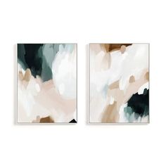 two abstract paintings with white and green colors