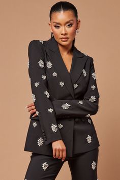 Verona Embellished Jacket - Black Classy Gowns, Rose Fashion, Embellished Jacket, White Blazer, Leather Blazer, Luxe Fashion, White Fashion, Lapel Collar, Casual Jacket