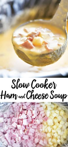 slow cooker ham and cheese soup in a glass bowl with a ladle full of it