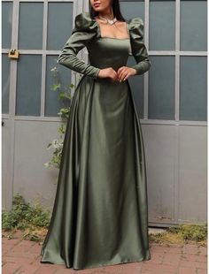 A-Line Evening Gown Elegant Dress Formal Christmas Red Green Dress Sweep / Brush Train Long Sleeve Square Neck Satin with Pleats Ruched Red Green Dress, Gown Elegant, Evening Dresses Online, Modest Dresses Casual, Cheap Evening Dresses, Dresses Formal Elegant, Evening Gowns Elegant, Stylish Dress Book, Modest Fashion Outfits