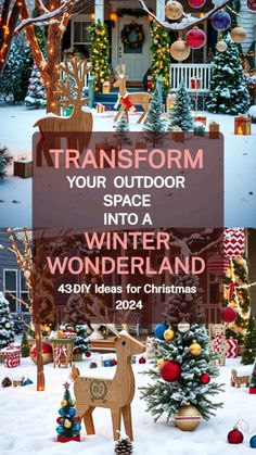 christmas decorations and trees in front of a house with the words transform your outdoor space into a winter wonderland