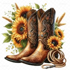 cowboy boots with sunflowers and lasso rope on white background, watercolor painting