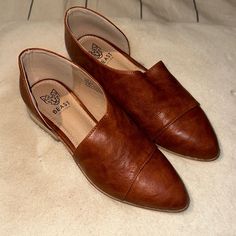 Brand New In Box, Size 6.5. Color: Cognac Chic Brown Pointed Toe Flats For Fall, Brown Pointed Toe Flats For Spring, Casual Brown Pointed Toe Flats For Spring, Trendy Brown Flats With Almond Toe, Trendy Brown Almond Toe Flats, Chic Brown Flats Medium Width, Elegant Cognac Slip-on Leather Shoes, Elegant Cognac Slip-on Moccasins, Brown Slip-on Flats With Removable Insole