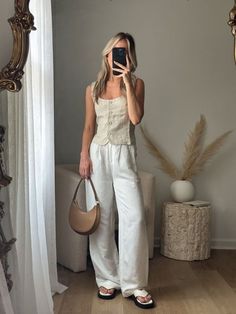 Summer. Linen Bottoms. Summer Style. Outfit Inspo. Linen Pants Styling, White Linen Vest Outfit, Beige Linen Trousers Outfit, Beige Linen Outfit, Lenin Pants Outfit, Linen Cargo Pants Outfit, Khaki Linen Pants Outfit, Cream Linen Pants Outfit, Linen Pant Outfits