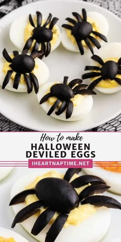 deviled eggs decorated with fake black spider legs are on a white plate and the words how to make halloween deviled eggs