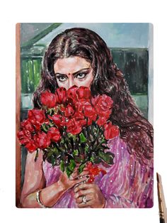 a painting of a woman holding roses in her hands