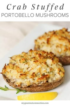 crab stuffed potato muffins on a white plate with lemon wedge and parsley